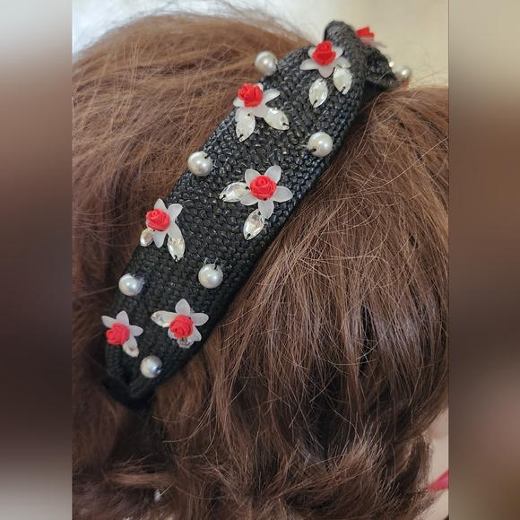 Handbeaded Black Straw Rattan Headband One of a Kind - Picture 1 of 6